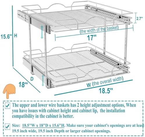 OCG 2 Tier Pull Out Cabinet Organizer (18.5" W x 18" D), Pull Out Drawers for Kitchen Cabinets, Pull Out Shelves for Base Cabinet Organization in Kitchen Bathroom Pantry, Chrome Finish