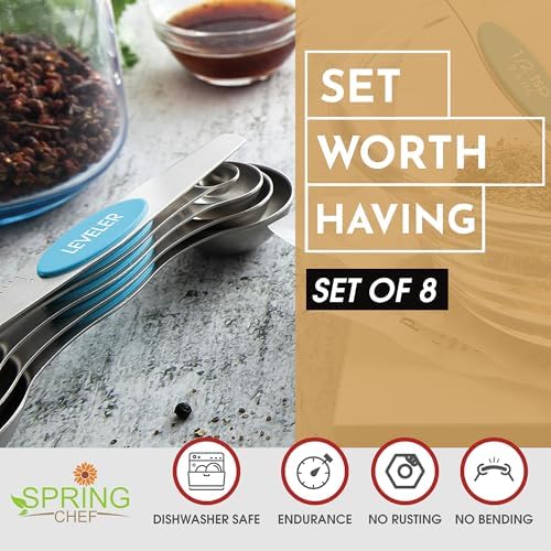Spring Chef Stainless Steel 8 Magnetic Measuring Spoons for Kitchen, Teal