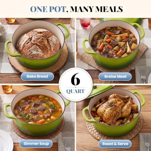 DUMOS Cast Iron Dutch Oven, 6 Quart Pot with Lid, Enameled Heavy Duty Cookware, Oven Safe to 500°F, Perfect for Bread Baking, Stews and Roasting, Moisture Sealing Lid with Dual Handles, Light Green