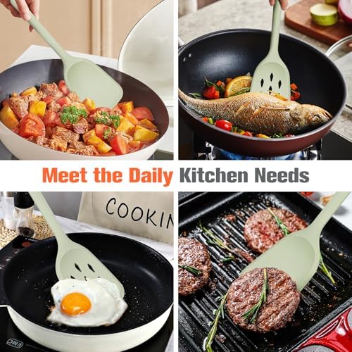 Silicone Spatula Set of 2 Pack, Heat Resistant Solid&Slotted Turner (GREEN)