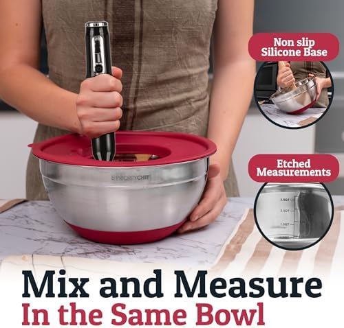 Priority Chef 6Pc Stainless Steel Mixing Bowls with Lids Set, Huge 7 Qrt Size Metal Bowl Set for Kitchen, 3 Graters, Non-Slip Bases & Silicone Utensils Set, Red