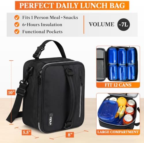 opux Insulated Lunch Bag for Men Women Kids, Soft Lunch Box, Black