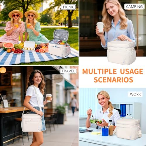 NOL Insulated Lunch Bag for Women Men Adults, Reusable Lunch Tote with Adjustable Shoulder Strap, Leakproof Thermal Food Cooler Bag with Front Pocket and Side Mesh Pockets for Work Travel, Cream