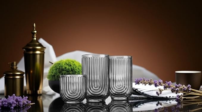 Glaver's 8 Piece Smoke Glassware Set, Art Deco Black Drinking Glasses, Ribbed U-Shape Design, 4 Highball 17oz and 4 Whiskey 11oz DOF Arch Drinkware