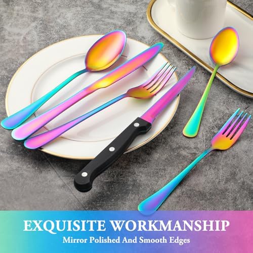 24 Pcs Rainbow Silverware Set with Steak Knives, Stainless Steel Flatware Cutlery Set for 4, Kitchen Tableware Sets, Utensil Sets for Home and Restaurant, Dishwasher Safe