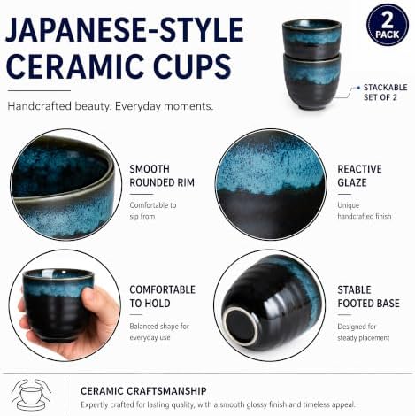 Ceramic Japanese Tea Cups, 5 oz Tea Cup, Asian Teacup, Teacups, Set of 2 (Nebula Blue, 2 pcs)