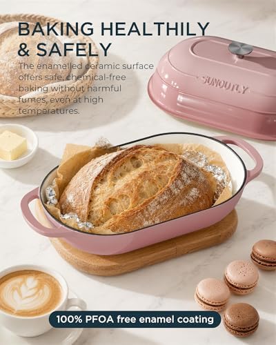 Enameled Cast Iron Bread Oven, 5QT Cast Iron Dutch Oven for Homemade Sourdough Bread Baking, Oval Bread Pot with Dome Lid & Cotton Potholders, Gentle Pink