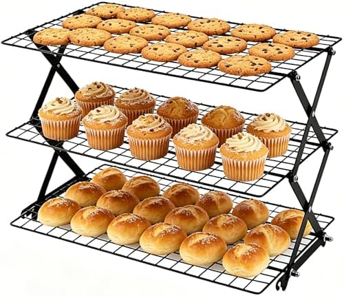 3-Tier Upgraded Stackable Cookie Cooling Rack-Collapsible Cooling Racks for Cooking And Baking Rack with Adjustable, Multifunctional Baking Cooling Rack for Cookies, Roasting, Countertop