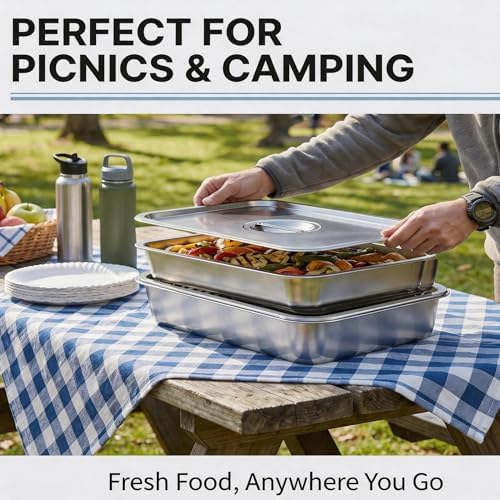 Grill Prep Tray & Serving Tray Set with Lids –5-Piece Grill Carry System for Marinating, Carrying & Serving, Stainless Steel BBQ Trays, BBQ Prep Grill Pan with 2 Lids and 1 Rack