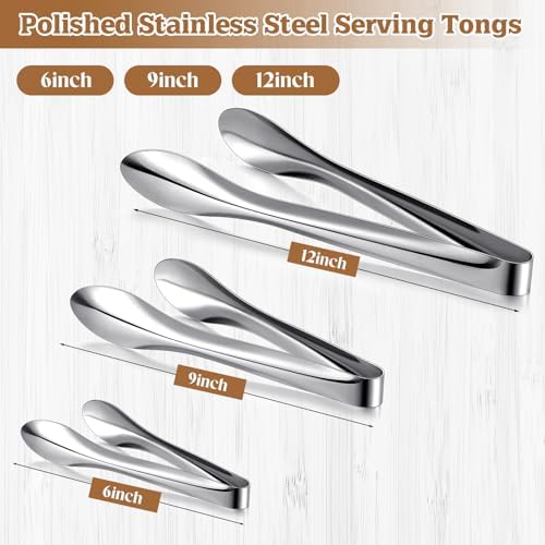 3 Pack Silver Polished Serving Tongs 9 Inch,12 Inch, 6 Inch