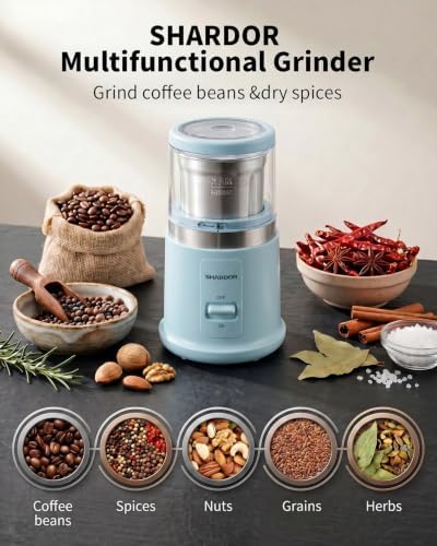 SHARDOR Quiet Coffee Grinder Electric, 70g Removable Bowl Spice Grinder for Coffee Beans, Seeds and Grains, Super Silent Grinding Mill with 60dB Low Noise, 2.5oz Capacity, Blue
