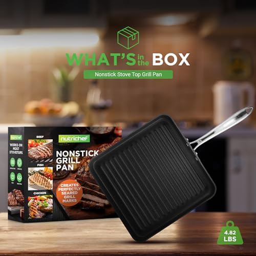 NutriChef 11’’ Nonstick Griddle & Grill Pan – Dishwasher Safe, PFOA-Free, Even Heat Distribution, Compatible with Gas, Ceramic, and Halogen Cooktops, Sturdy Handles for Easy Grip, Hard-Anodized Pan
