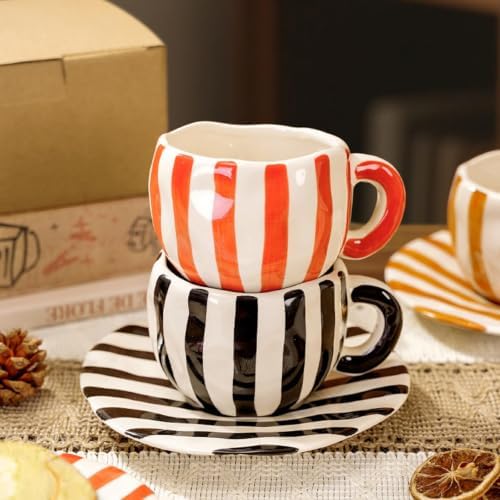 Espresso Cups Ceramic Coffee Mug Series European Striped Dot Coffee Cup And Saucer Mug Cake Plate Afternoon Tea Set Tea Cup And Saucer (Black 4)