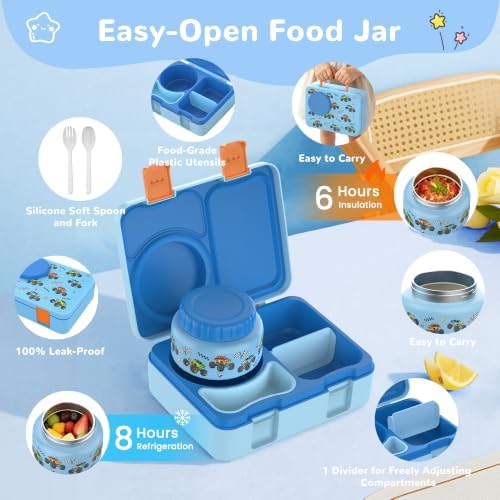 Kids Bento Box with Food Jar, Water Bottle, Lunch Bag, Vehicle