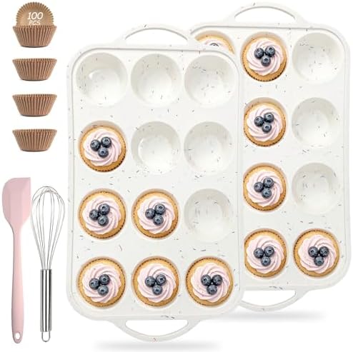 2 Pack Silicone Muffin Pans, 12 Cup Cupcake Pan with Metal Reinforced Frame