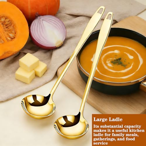 2 Pack Gold Soup Ladle Stainless Steel Serving Spoon with Handle, 11.6 Inch