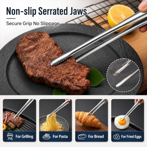Stainless Steel Kitchen Tongs Set of 3, 6-11.5in Non-Slip Silver