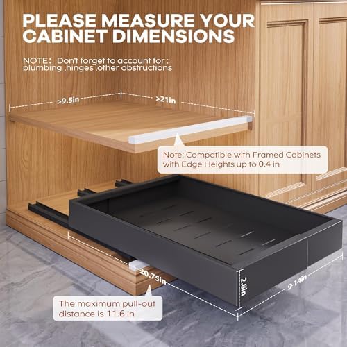 Seinloes 4 Pack Expandable Pull Out Cabinet Organizer 21" Deep with Raising Pad for Framed Cabinets,Upgrade 3 Slide Rails Slide Out Drawers,Roll Out Shelves Adhesive,Adjustable Width 9"-14.1" Black