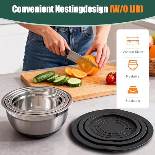 Stainless Steel Mixing Bowls Set with Lids & Silicone Base,7‑Piece Set