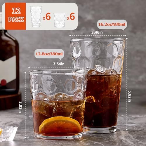 Moretoes Circle Drinking Glasses Set of 12 Clear Water Glass Cups