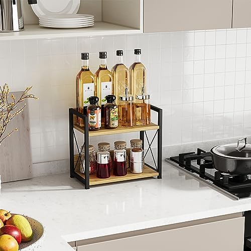 Giikin Countertop Shelf Organizer, 2 Tier Kitchen Spice Rack Organizer for Countertop, Wood Coffee Counter Shelf Organizer for Home (Bamboo, S)