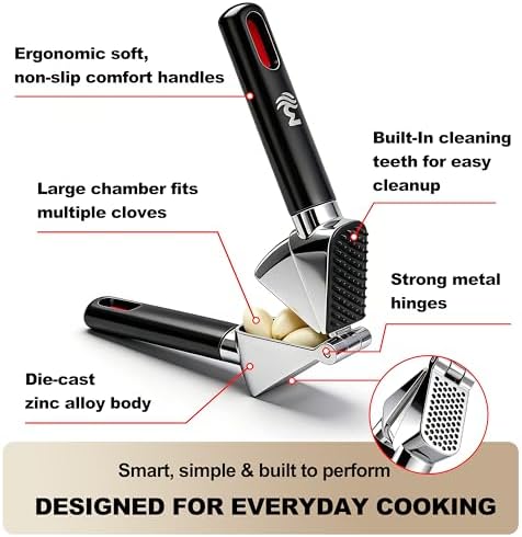3WAVES Garlic Press | Built-In Cleaner | Large Chamber for Multiple Cloves | Heavy Duty | Ergonomic Handle | Rust-Resistant Die Cast Zinc Alloy | Food-Grade & Independently Tested