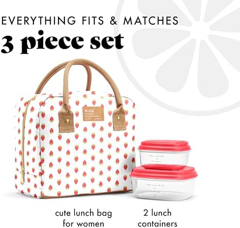Fit & Fresh Bloomington Lunch Bag for Women - Insulated Large Lunch Box for Work with Containers, Leak-Resistant, Stain-Resistant, Zipper Closure, Strawberry