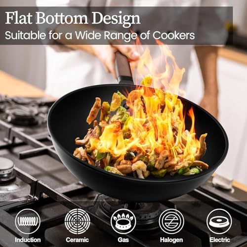 Todlabe 13 Inch Wok with Glass Lid & Silicone Spatula, Naturally Non‑Stick
