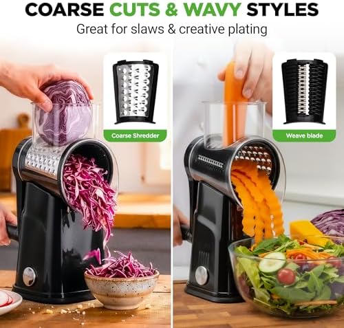 NutriChef 5 in 1 Cheese Grater & Shredder | 5 Different Blades for Thin, Thick, Julienne Strips, Wavy, & Straight Strips | Includes Hand Crank, Strong Suction Base & Storage Container | Black