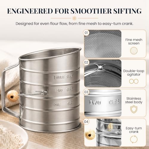 Bellemain Stainless Steel Flour Sifter for Baking with Hand Crank - 3 Cup