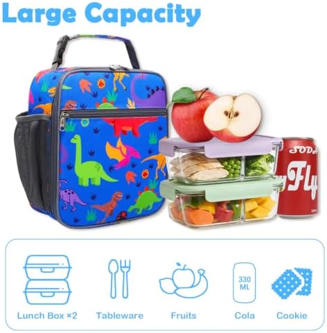 FlowFly Kids Lunch box Insulated Soft Bag Mini Cooler Back to School Thermal Meal Tote Kit for Girls, Boys, Dinosaur