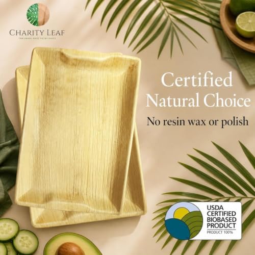 Charity Leaf Disposable Bamboo 14" x 10" Trays (200 Pieces) Bamboo Serving Platters, Disposable Boards, Eco-Friendly Dinnerware For Weddings, Catering, Events