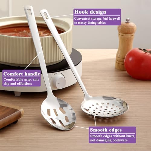 Berglander Slotted Spoons for Straining 2 pcs 13", Stainless Steel Kitchen Spider Strainer Skimmer Ladle for Straining Pasta/Cooking/Frying, Metal Kitchen Utensils Pasta Spoon