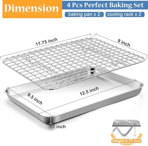 TeamFar Cookie Sheets with Cooling Racks, 2 Pans + 2 Racks, 12.5x9.5x1 Inch