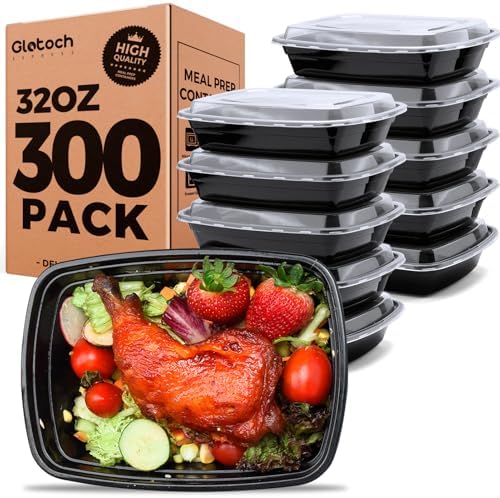 Glotoch Meal Prep Containers 1-Compartment with Lids 300 Pack 32oz, Disposable Plastic Food Storage Containers, Takeout & Restaurant, BPA-Free, Stackable, Microwave/Freezer/Dishwasher Safe