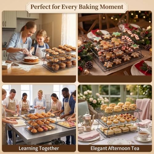Cooling Racks for Baking, 3-Tier Stackable Stainless Steel Wire Cooling Rack Set of 3 (10"x15") with 100 Paper, Oven Safe Heavy Duty Rust-Resistant Wire Rack for Cookie Sheet Roasting Grilling.
