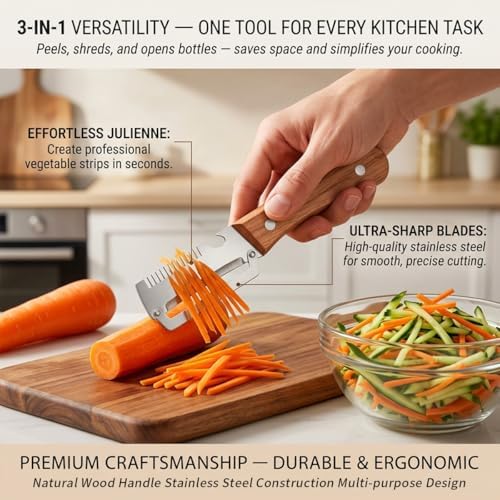2 Pack Multifunctional Vegetable Peeler, 3-in-1 Peelers For Kitchen with Bottle Opener, Sharp Stainless Steel Swivel Blade, Wooden Handle, For Vegetables or Fruits that Need to Be Peeled