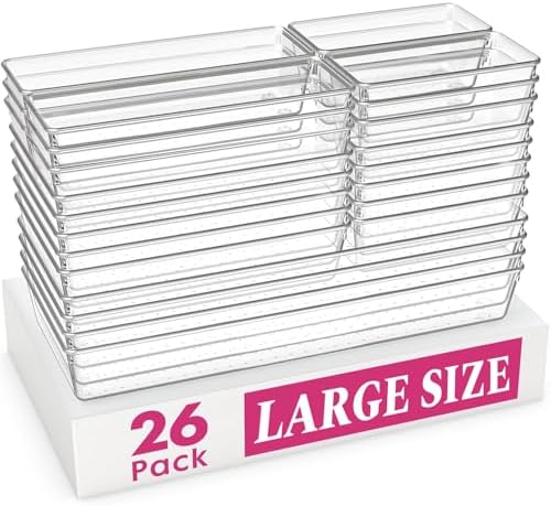 Criusia Large Drawer Organizer Bins 26 Pack | Complete 5 Size Clear Plastic Kitchen Drawer Organizers for Utensils | Bathroom Drawer Organizer Trays | Versatile for Makeup Office Organization