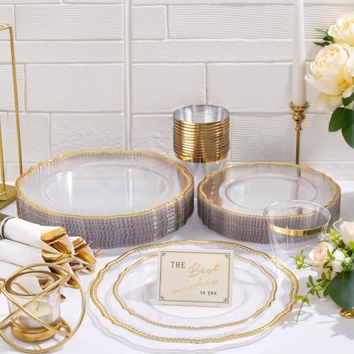 Hioasis 350 Pcs Clear Gold Plastic Plates for Wedding & Party