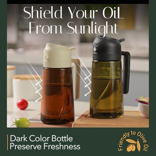 YARRAMATE 16oz/470ml Light-Blocking Dark Oil Sprayer for Cooking, 2 in 1 Olive Oil Dispenser Bottle for Kitchen, Dark Green Glass Oil Bottle, Food-Grade Oil Mister for Air Fryer, BBQ (PeachPink)