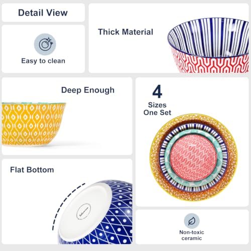 Selamica Ceramic Mixing Bowls Set of 4, 20/36/60/123 oz, Assorted Colors