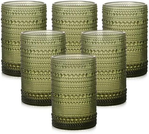 ZMOWIPDL Drinking Glasses Set of 6,15 oz Green Hobnail Glass Cups