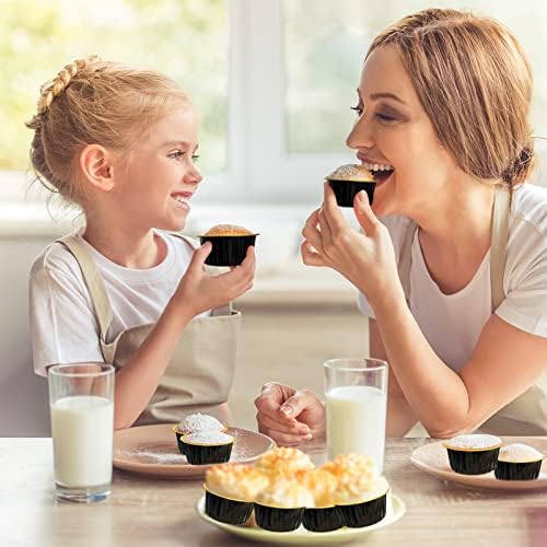 100Pcs Aluminum Cups with Lids,5oz Disposable Ramekin Baking Cups Muffin Liners Mini Pie Pans Foil Cupcake Containers for Christmas Party Wedding,Black Gold