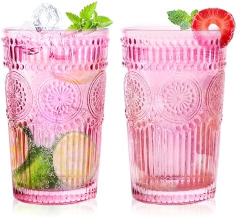 Loivttvv 6pcs Vintage Drinking Glasses Set, 12 oz Pink Highball Glasses, Embossed Ribbed Glassware Cups for Cocktail, Water, Juice, Coffee, Whiskey