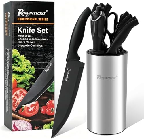 ROMANTICIST Knife Set, 10 Pieces Knife Block Set - Stainless Steel Kitchen Knives with Sharpener and Cheese Knife, Non-Slip Ergonomic Handles, Exquisite Knives Set - Stylish Black