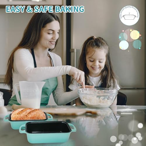 Blisswave Cast Iron Bread Pan with Lid - 2-in-1 Dual Set, Includes 2 Bread Mats - Bread Baking Pan for Homemade Bread, Cakes, Patties - Even Heating - 2-Piece Set (Lake Blue)