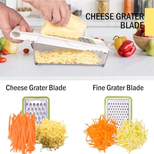 NACOLUS Cheese Grater with Container,5 In 1 Mandoline Slicer for Kitchen,Multi Purpose Vegetable Slicer, Easy to Clean Vegetable Chopper,Cheese Shredder,Julienne Slicer and Peeler