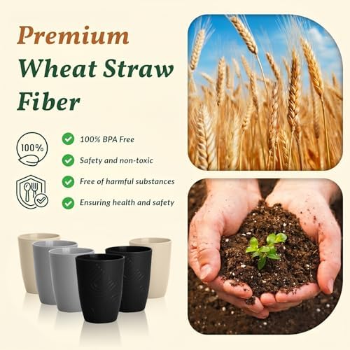 Homienly Premium Wheat Straw Cups Set of 6, Reusable 16oz Water Glasses Lightweight and Unbreakable Drinking Cups,Alternative Plastic Cup Dishwasher Safe Cups for Home and Outdoor - GreyStone