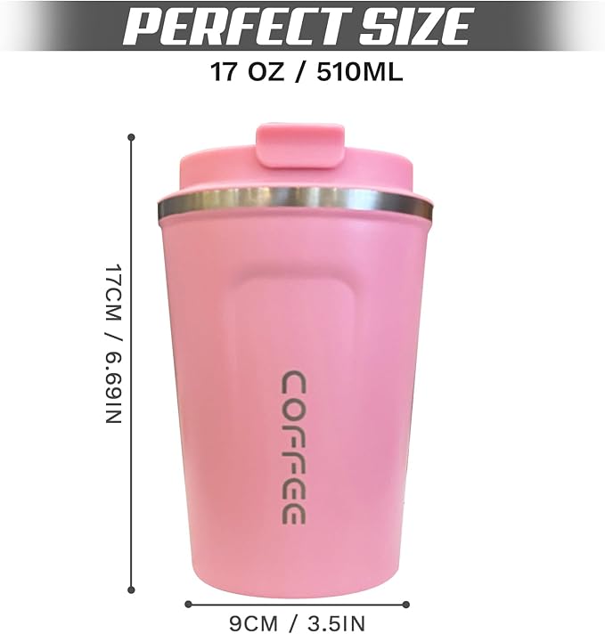 Travel Coffee Mugs Leak-Proof, Reusable Coffee Cups with Lids, Stainless Steel Vacuum Insulated Coffee Tumblers, Thermal Insulation Cups for Men and Women Hot & Cold Drinks(2nd-Pink, 17OZ)