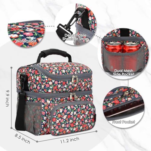 FlowFly Double Layer Cooler Insulated Lunch Bag Adult Lunch Box Large Tote Bag for Men, Women, With Adjustable Strap,Front Pocket and Dual Large Mesh Side Pockets